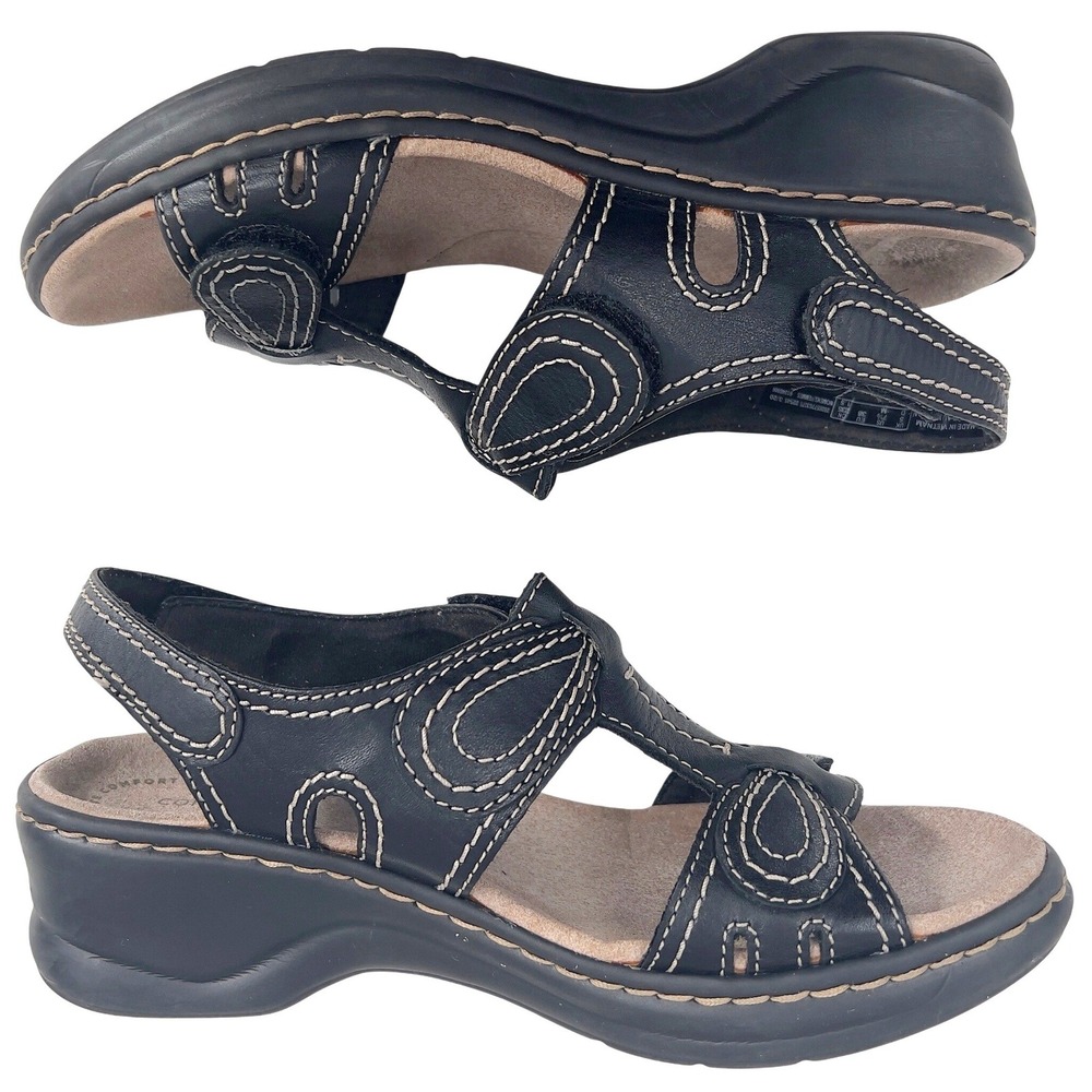 Clarks Womens Black Leather Velcro Wedge Sandal Contrast Stitch Comfort 7.5M
